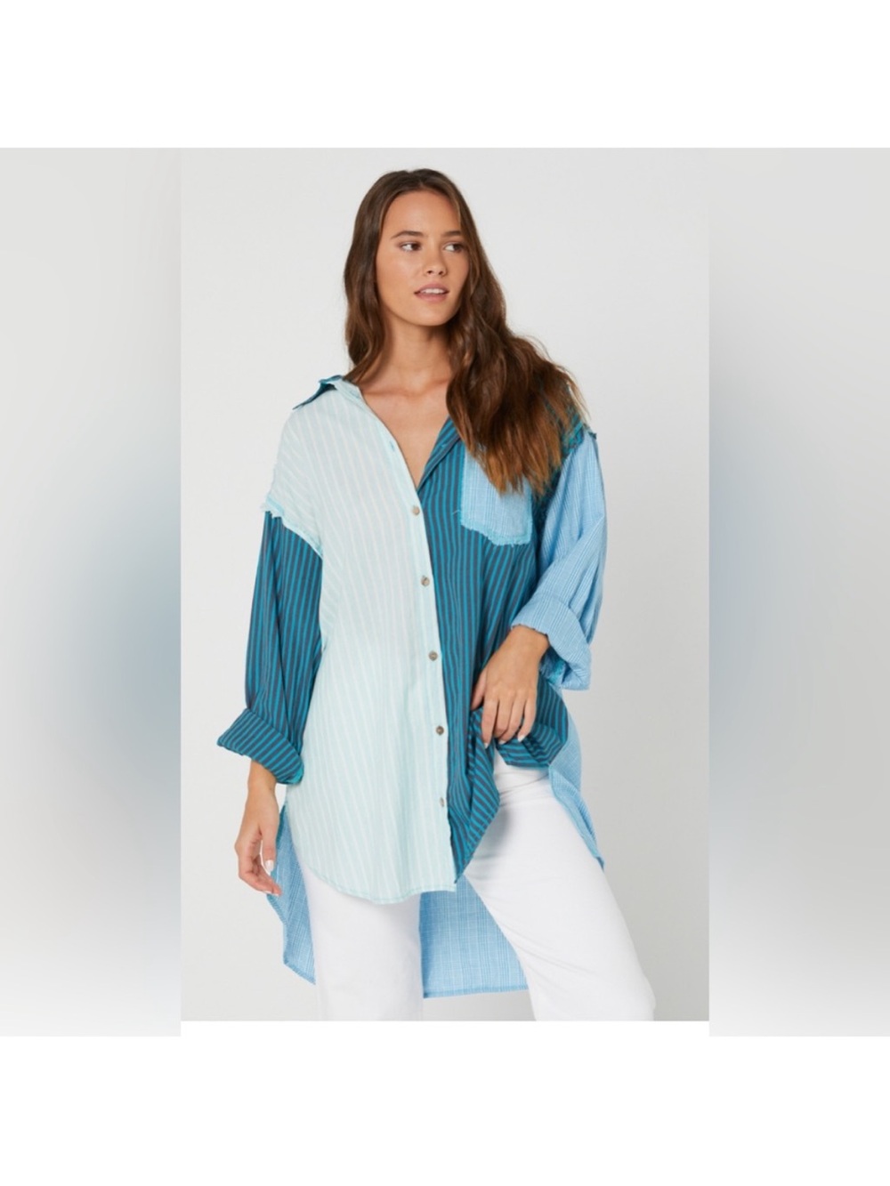 Free People Intimately Free Rags To Riches Colorblock Oversized Hi-Lo Shirt Boho
